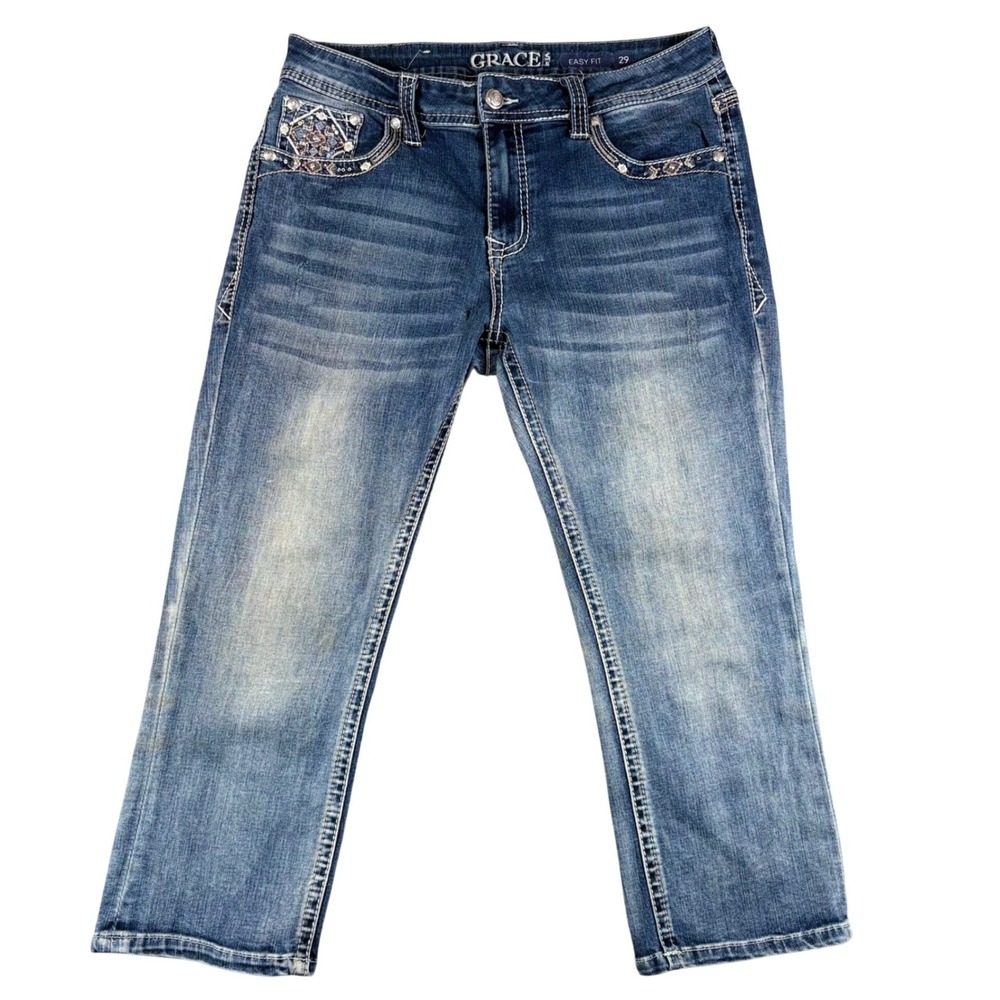Grace in LA Capri Jeans Womens 29 Embellished Blue Denim Easy Fit Y2K Boho